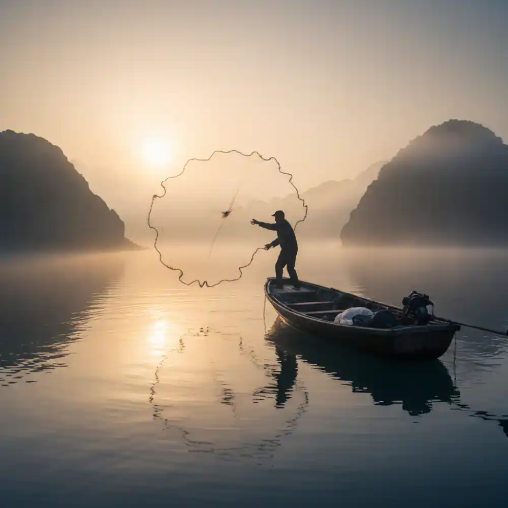 Fisherman with a net at dawn over misty water