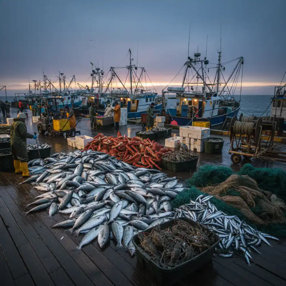 Busy commercial fishing dock with unloaded catch
